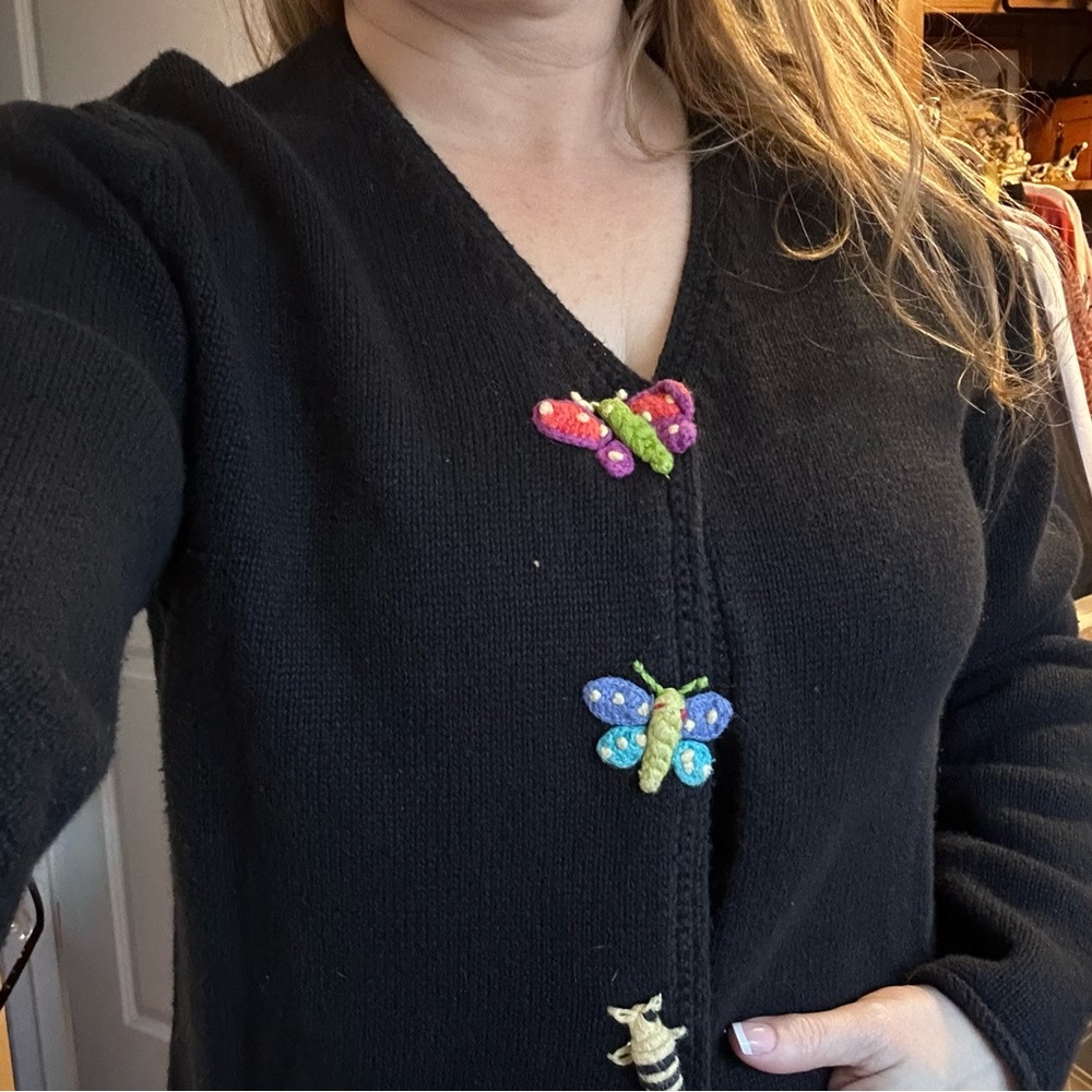 Rebecca Stone Chunky Knit Cardigan L Black w/ butterfly, bee, ladybug, retro